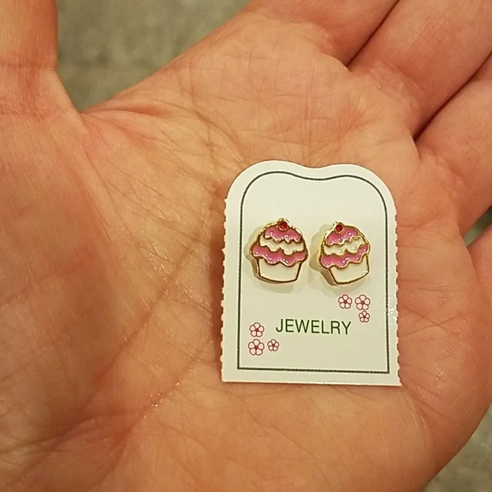 14k gold plated Brass Enamel Pink Cupcake Earring